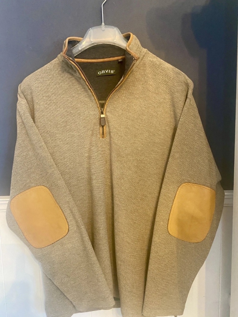 Orvis Beige Quarter-Zip Sweater with Tan Trim